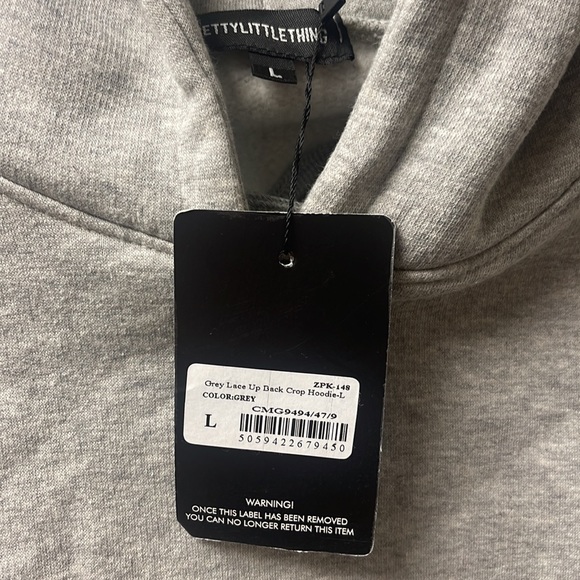 Pretty Little Thing Crop Grey Lace Up Back Hoodie Size Large - Picture 3 of 3